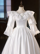 Vintage White Satin Long Sleeve Lace Wedding Dress