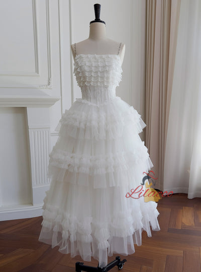 White Tulle Lace Tiers Formal Prom Dress