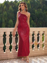 One-shoulder Slim Slit Sequined Dress