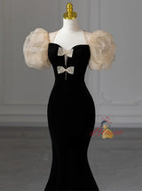 Black Mermaid Velvet Puffy Sleeve Prom Dress