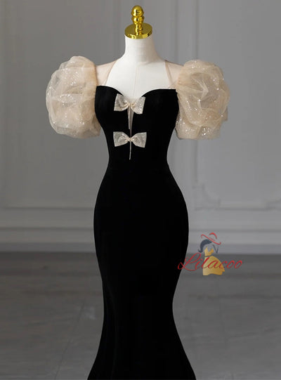Black Mermaid Velvet Puffy Sleeve Prom Dress