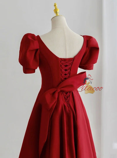Burgundy Puff Sleeve Pleats Prom Dress