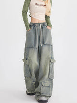 Overalls Loose Straight Mop Multi-pocket Pant