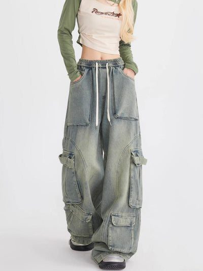 Overalls Loose Straight Mop Multi-pocket Pant