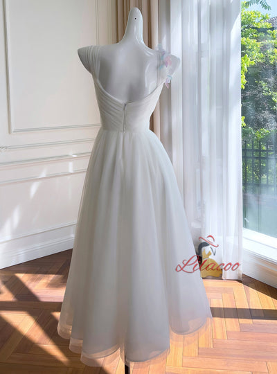 White Tulle Flower Pleats Prom Dress