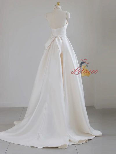 Simple Ivory Satin V-neck Wedding Dress