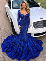 Blue Mermaid Sequins Long Sleeve Prom Dress