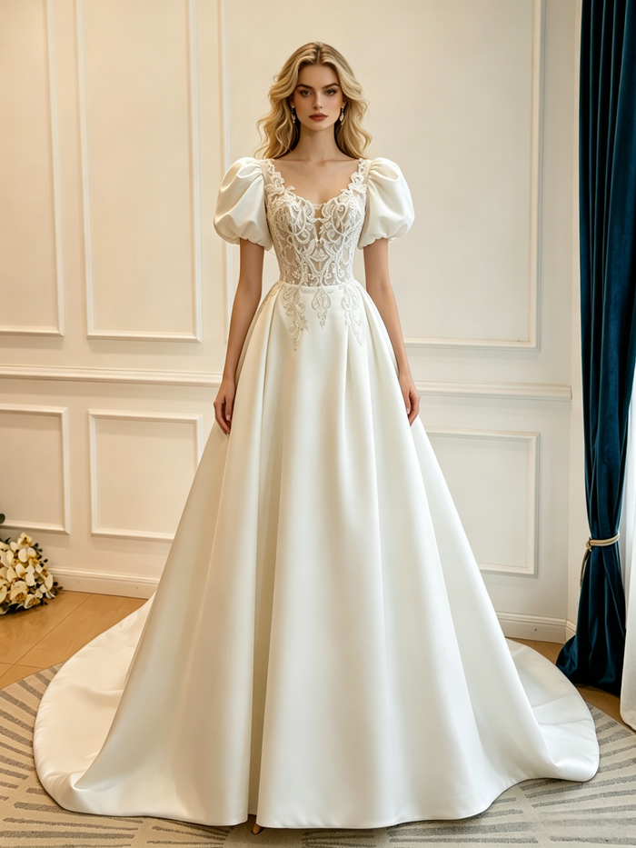 Beige White Satin Appliques Puff Sleeve Wedding Dress