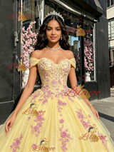Yellow Tulle Off the Shoulder Appliques Quinceanera Dress