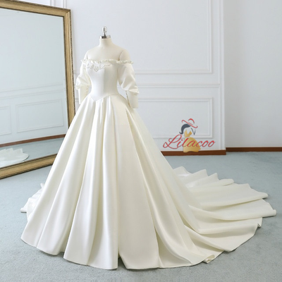 Ivory White Satin Puff Sleeve Wedding Dress