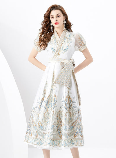 V-neck Lantern Sleeve Retro Print Dress