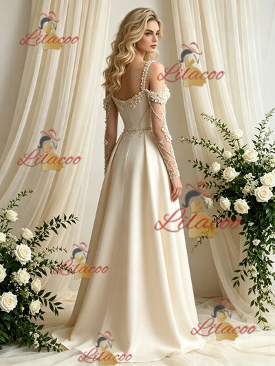 Ivory Satin Long Sleeve Flower Wedding Dress