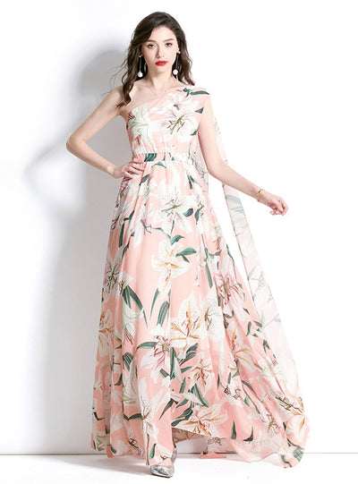 One-shoulder Holiday Printed Long Dress