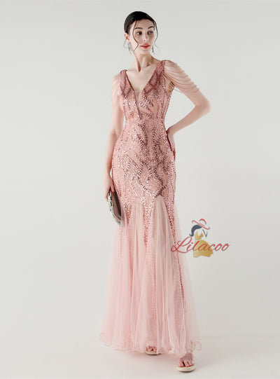 Mermaid Sequins Tulle V-neck Beading Prom Dress