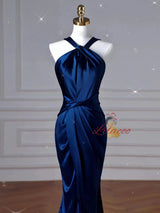Simple Navy Blue Mermaid Satin Prom Dress