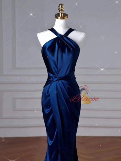 Simple Navy Blue Mermaid Satin Prom Dress