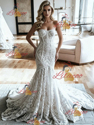 White Mermaid Lace Strapless Weeding Dress