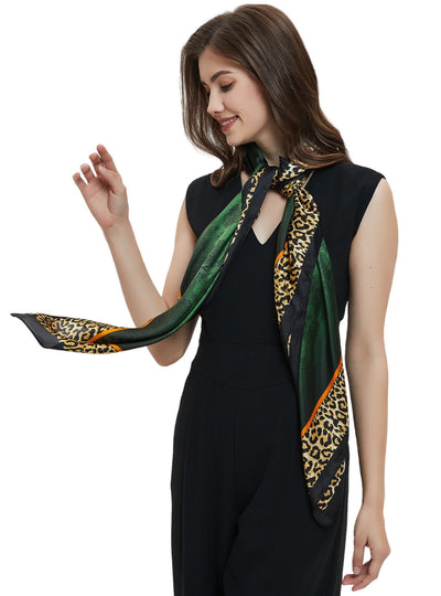 Green Chiffon Leopard Print Square Scarf