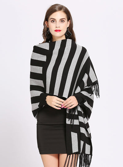Bat Sleeve Striped Tassel Knitted Shawl Coat