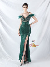 Spaghetti Straps Sequins Split Prom Dress