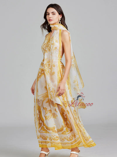 Open-back V-neck Chiffon Printed Dress