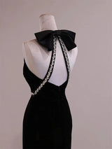 Black Mermaid Velvet Backless Prom Dress