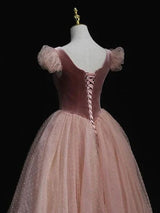 Pink Tulle Velvet Straps Sleeeless Prom Dress