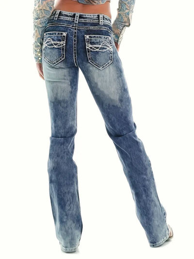 Elastic Thick Thread Embroidered Straight Jeans