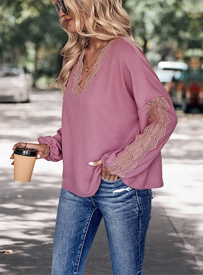 Solid Color Long Sleeve Lace T-Shirt