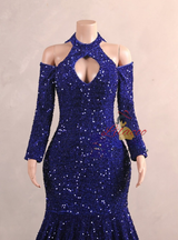 Blue Mermaid Halter Sequins Long Sleeve Prom Dress