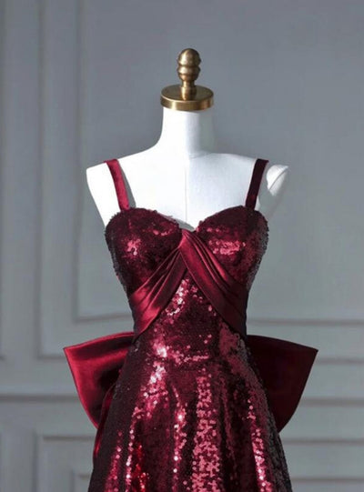Burgundy Sequins Straps Bow Prom Dress