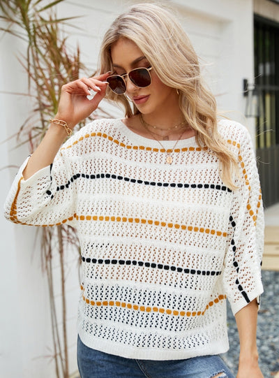 Striped Cropped Sleeve Hollow Knit Sweater