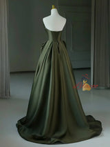 Green Satin Strapless Pleats Prom Dress