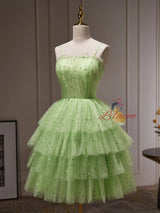 Green Tulle Sequins Straps Tiers Homecoming Dress