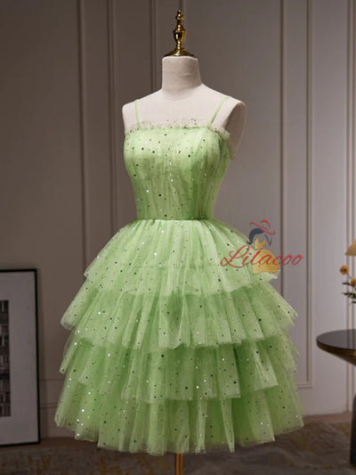 Green Tulle Sequins Straps Tiers Homecoming Dress