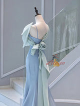 Blue Mermaid Straps Bow Prom Dress