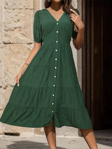 Solid Color V-neck Short Sleeve Summer Dress