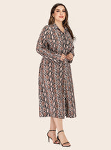 Lapel Snakeskin Casual Printed Long Sleeve Dress