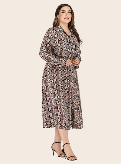 Lapel Snakeskin Casual Printed Long Sleeve Dress