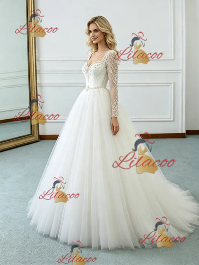 Beige White Tulle Long Sleeve Beading Wedding Dress