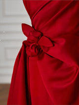 Burgundy Satin Strapless Pleats Prom Dress
