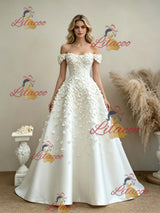 White Off the Shoulder Flower Wedding Dress