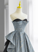 Blue Strapless Black Tulle Prom Dress