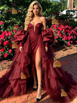 Burgundy Tulle Pleats Long Sleeve Prom Dress