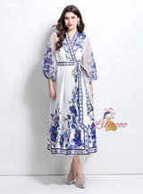 V-neck Gauze Lantern Sleeve Printed Dress