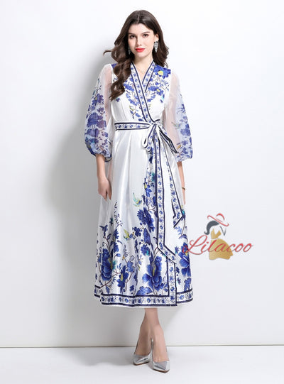 V-neck Gauze Lantern Sleeve Printed Dress
