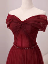 Burgundy Tulle Pleats Beading Off the Shoulder Prom Dress