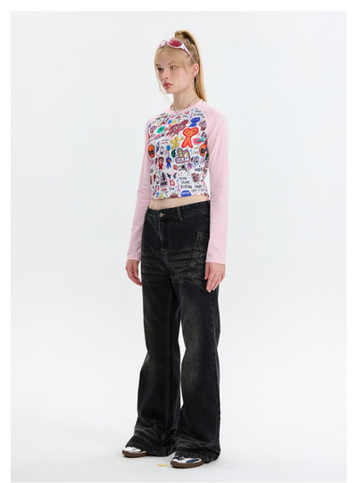 Cartoon Graffiti Printed Long Sleeve T-shirt