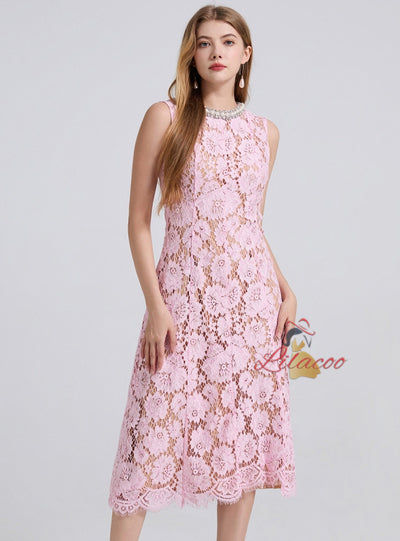 Heavy Industry Beaded Round Neck Lace Dress