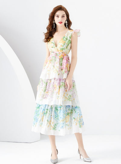 V-neck Printed Long Cake Dress